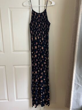 Angie Navy Blue Floral Boho Bohemian Sleeveless Smocked Jumpsuit Large